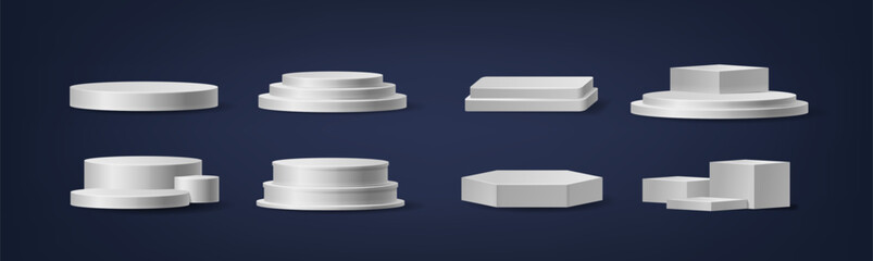 Realistic 3d Vector Podium, Stage And Platform Collection. Geometric Scene, Pedestal, Catwalk for Showcasing Cosmetic