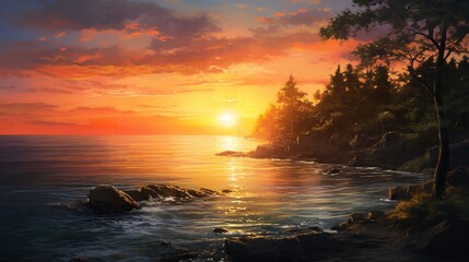 Fototapeta na wymiar An Original Watercolor Painting of the Sunset