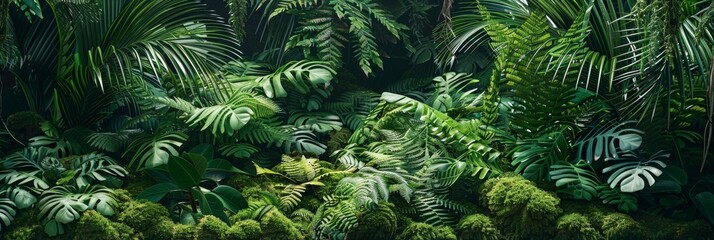 An exuberant scene of tropical luxuriance, where the green ferns are spotlighted by sunbeams, contrasting dramatically with the cool, shadowed recesses of the foliage. - obrazy, fototapety, plakaty