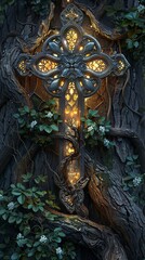 An ethereal cross glows with a warm light, nestled within the twisted roots and foliage of an ancient, enchanted forest.