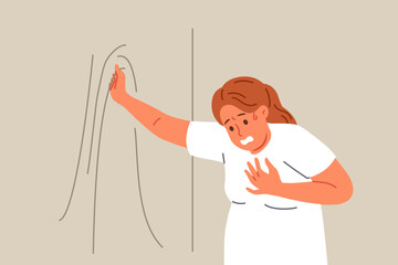 Woman suffering from obesity feels pain in heart and shortness of breath after climbing stairs. Health problems and risk of myocardial infarction are caused by obesity leading to impaired immunity