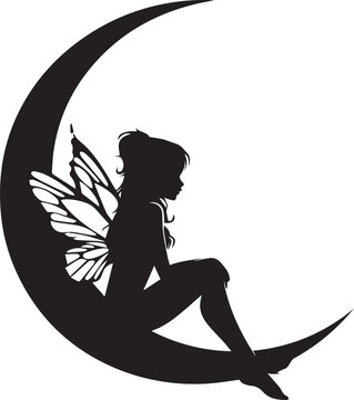 recommend clip art: Silhouetted fairy sitting on crescent moon depicted in bold silhouette