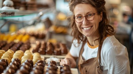 Woman chocolatier in an apron and black food gloves making artisan homemade bonbon chocolate. Baker or chocolatier preparing chocolate bonbons. World chocolate day concept. Generative ai - obrazy, fototapety, plakaty