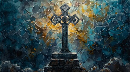 Vibrant stained glass window depicting a cross, symbolizing faith and spirituality, illuminating colors within a church setting. - obrazy, fototapety, plakaty