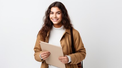 Portrait of Young student woman looking camera with big smile and wearing backpack holding book over isolated white background, learning and educational back to school concept
