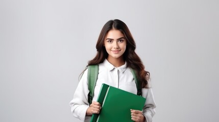 Portrait of Young student woman looking camera with big smile and wearing backpack holding book over isolated white background, learning and educational back to school concept