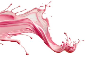 Zelfklevend Fotobehang Strawberry milk swirl splash with little bubbles isolated on  background, pink water liquid wave, yogurt milk shake spatter, cosmetic face cream or lotion. © TANATPON