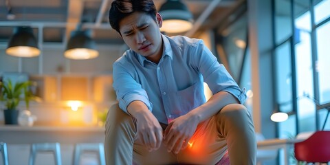 Asian male worker experiencing thigh pain possibly sciatica seeking workers compensation and orthopedic consultation for pain management. Concept Workers Compensation, Orthopedic Consultation - obrazy, fototapety, plakaty