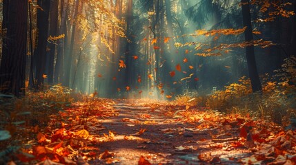 Morning light cascades through a dense autumn forest, illuminating a carpet of fallen leaves along a tranquil trail.