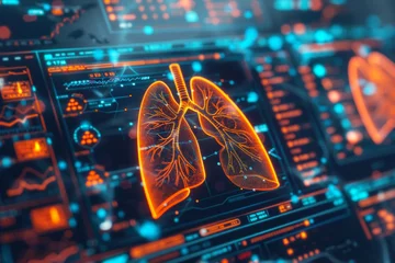 Gordijnen Detailed red lung graphics on an advanced medical interface showcasing various health parameters and analytical data © Fxquadro