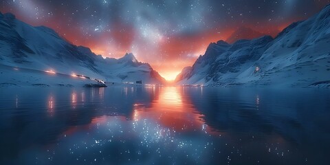 A mesmerizing display: Northern lights dance above snowy mountains and reflect on a tranquil water surface. Concept Nature Photography, Aurora Borealis, Snowy Landscapes, Tranquil Reflections