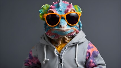 chameleon dressed in a sweatshirt and sunglasses, chameleon, dressed, sweatshirt, sunglasses, 2, attaching, forest, accessory, animal, character, cute, design, fashion, sweater, clothing, face, fun, h