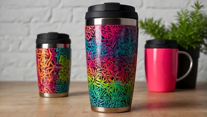 A sleek, stainless steel travel mug with a vibrant, neon wraparound design for a modern touch Generative AI