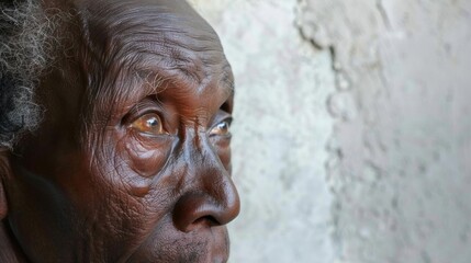 Fototapeta na wymiar An elderly African man gazes thoughtfully aside, his weathered face telling a story of resilience and life lived.