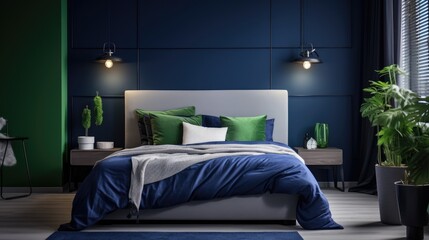 dark Blue blanket design of modern bedroom, Scandinavian loft home interior design