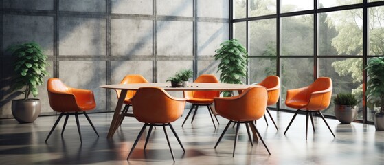 Orange leather chairs at round meeting table against cement wall and glass windows