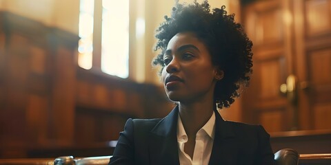 A Black female lawyer fervently advocates for defendants' rights in a courtroom before a judge and jury. Concept Lawyer, Defender of Rights, Justice System, Courtroom, Legal Advocacy