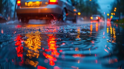 A close-up of an car driving through a wet road, reflecting the glistening aftermath of rain