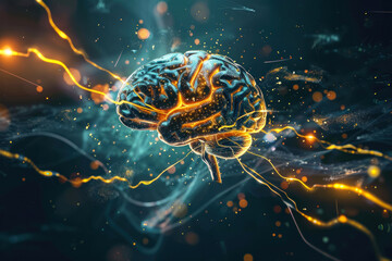 Dynamic artwork showing human brain with neural network sparks, suggesting active cognitive processes and mental functions - obrazy, fototapety, plakaty