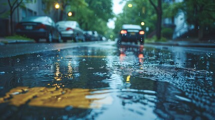 A close-up of an car driving through a wet road, reflecting the glistening aftermath of rain