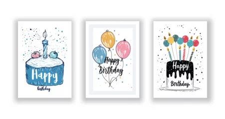 Fototapeten Whimsical Happy Birthday Card Collection, Hand-Drawn Flyers, Postcards, and Invitations © ImageDesigner