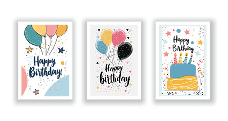 Fototapeta premium Whimsical Happy Birthday Card Collection, Hand-Drawn Flyers, Postcards, and Invitations