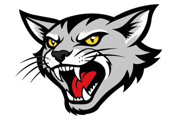 head of cat with open mouth and sharp teeth, isolated on clear white background