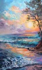 A vibrant painting of a sunset over the ocean with expansive skies and a silhouette of a tree on the left edge