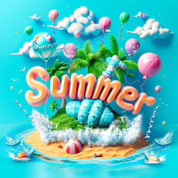 word "Summer" written vector banner design concept of 3d text in beach island