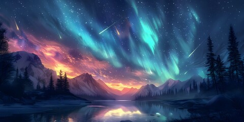 Aurora Borealis illuminates the Alaskan night sky with shooting stars. Concept Night Photography, Northern Lights, Shooting Stars, Alaskan Wilderness, Natural Phenomena - obrazy, fototapety, plakaty