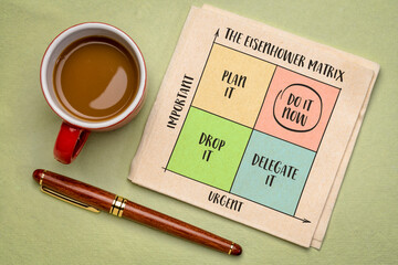 urgent versus important - Eisenhower matrix,  a simple decision-making tool, productivity and task management concept,  sketch on a napkin - obrazy, fototapety, plakaty
