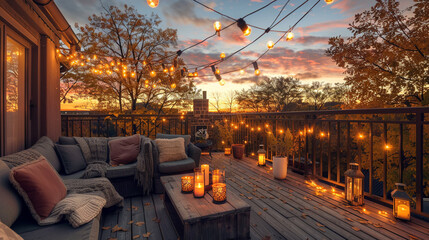 Nestled atop a beautiful house, a roof terrace comes alive in the autumn evening, adorned with charming string lights and lanterns, offering a serene and snug outdoor retreat. - obrazy, fototapety, plakaty