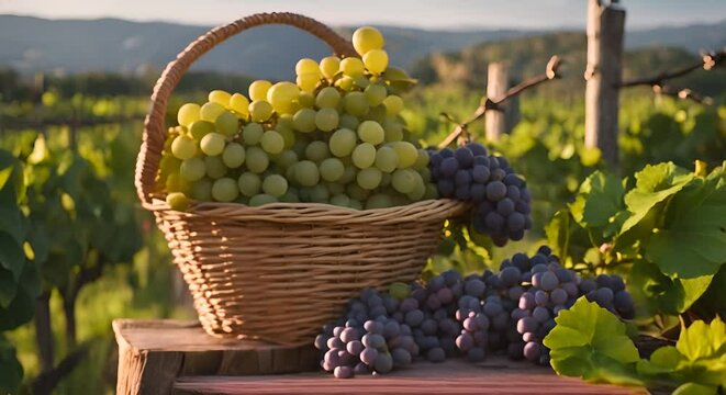 Grapes in a basket on a grape plantation.