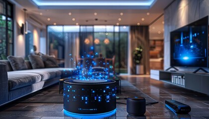 Automated Home Entertainment Systems, automated home entertainment systems with showing integrated audiovisual equipment, such as smart TVs, speakers, and streaming devices,  - obrazy, fototapety, plakaty