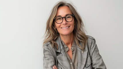An attractive, middle-aged woman wearing glasses stands against an isolated white background smiling and looking happy and cool.