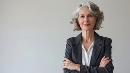 Senior female businesswoman, 60s grey haired female ceo, coach, smiling and looking at camera, banner, copy space on white background.