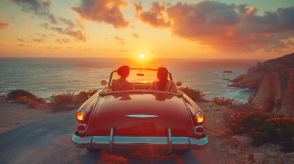 A couple in a vintage convertible car admires the sunset on a desert road, creating a scenic travel moment. - obrazy, fototapety, plakaty