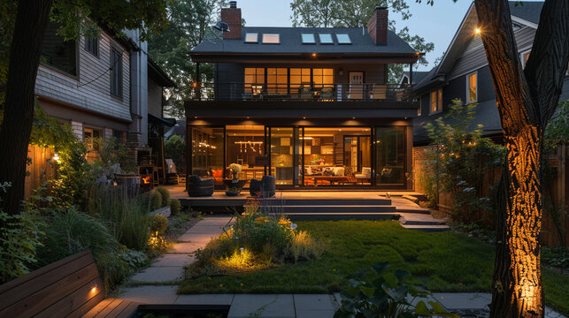 Nestled in a charming suburban neighborhood, a house welcomes the summer night with a lit-up patio and garden, blending comfort and beauty in the tranquil evening.