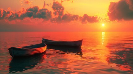 two wooden boats floating on the sea at sunset, red sky and orange clouds, calm water surface, distant view, bright colors, natural light, reflection of sunlight in the lake, tranquility