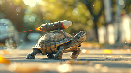 Turbocharged Journey: Turtle with a Rocket Pack Ready to Launch Defying Speed Limits - obrazy, fototapety, plakaty
