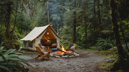 Nestled in a serene forest setting, a warm bonfire crackles next to comfortable chairs and a welcoming camping tent, perfectly capturing the essence of outdoor adventure and relaxation.