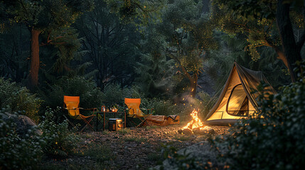 Nestled in a serene forest setting, a warm bonfire crackles next to comfortable chairs and a welcoming camping tent, perfectly capturing the essence of outdoor adventure and relaxation.