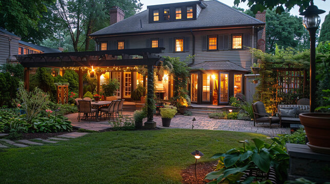 Nestled in a charming suburban neighborhood, a house welcomes the summer night with a lit-up patio and garden, blending comfort and beauty in the tranquil evening.