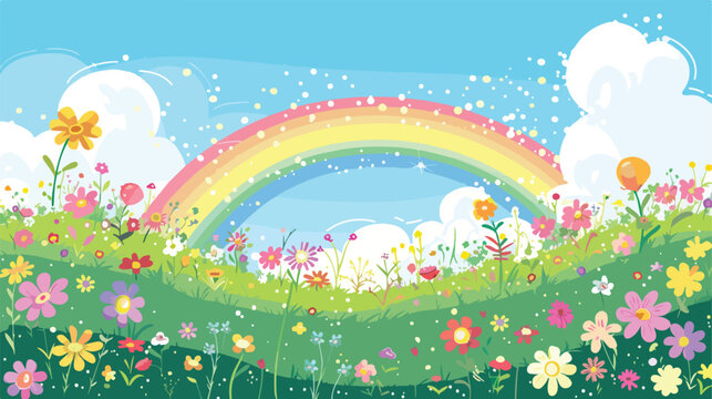 Cosmos field and rainbow image background flat vector