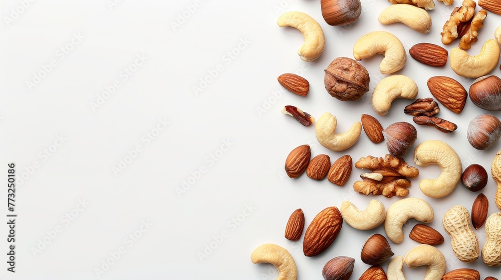 Poster isolated mixed nuts on white background. top view. copy space.