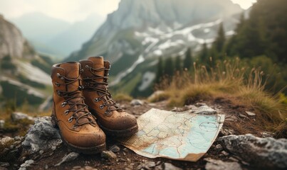close-up of worn hiking boots on a rugged trail, with a map partially unfolded next to them, planning the next move - obrazy, fototapety, plakaty