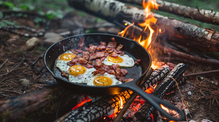 Nestled in the forest, a cast iron pan sits over a campfire, filled with the inviting aroma of bacon and eggs