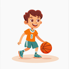 Cute little boy playing basketball. Vector illustration in cartoon style.