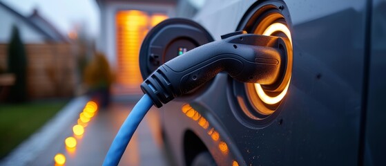  an EV charging port being connected to a wall-mounted charger at home, EV car concept