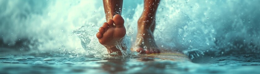 close-up of a surfer's feet firmly planted on a surfboard, cutting through a wave with spray flying around - obrazy, fototapety, plakaty